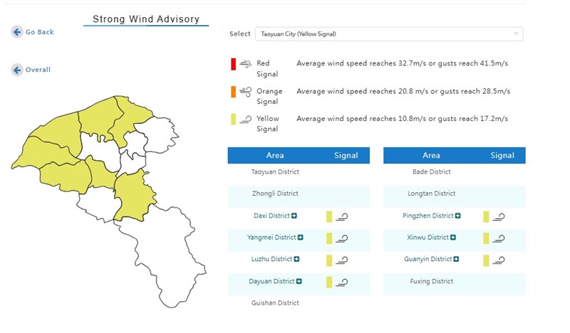 A detailed strong wind advisory on certain districts in Taoyuan on Friday. Graphic captured from the CWA