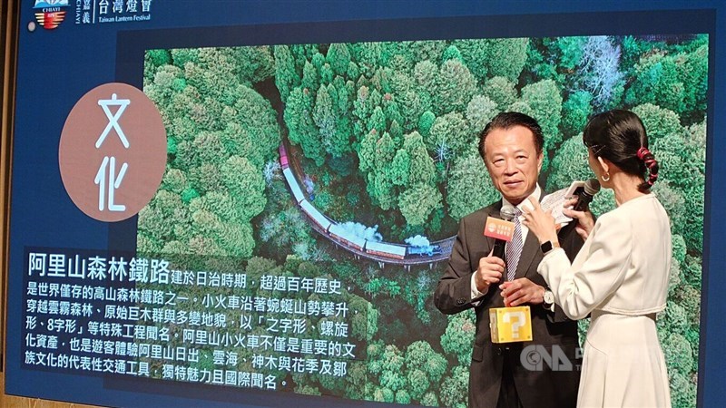 Chiayi County Magistrate Weng Chang-liang shows off the "?" blocks lanterns modeled from the Super Mario videogames series in Chiayi County on Monday. CNA photo, Dec. 8, 2025