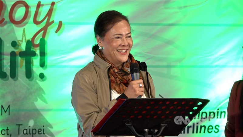 Corazon Avecilla-Padiernos, MECO Chairperson and Resident Representative, speaks at a Christmas event held in Taipei on Sunday. CNA photo Dec. 14, 2025