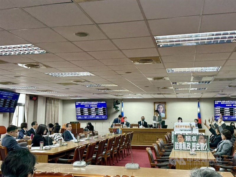 Opposition lawmakers at a legislative committee adopt two censure motions against President Lai Ching-te and Premier Cho Jung-tai over controversies surrounding the government revenue allocation law on Thursday. CNA photo Dec. 18, 2025