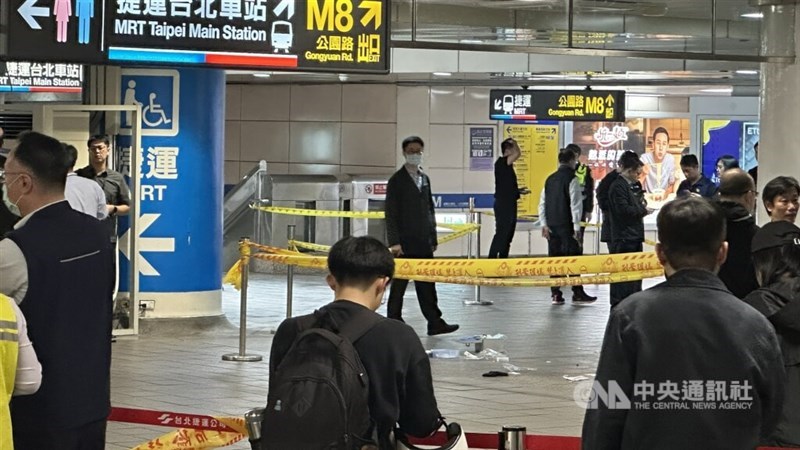 An area inside MRT Taipei Main Station is fenced off after a smoke grenade incident on Friday afternoon that left one person injured. CNA photo Dec. 19, 2025