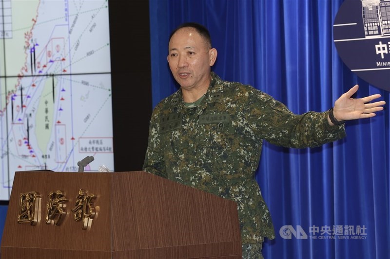 Lt. Gen. Hsieh Jih-sheng briefs the media on the People's Liberation Army's activities, including rocket launches, during the second day of its latest military drill near Taiwan on Tuesday. CNA photo Dec. 30, 2025