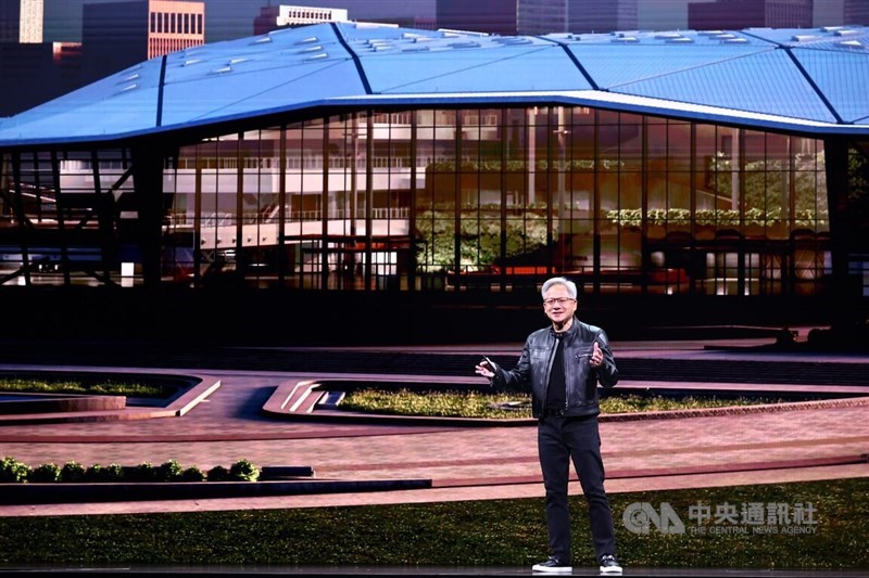 Nvidia CEO Jensen Huang speaks at COMPUTEX in May, announcing plans to build a new Nvidia headquarters, called Nvidia Constellation, at Taipei’s Beitou-Shilin Science Park. CNA file photo