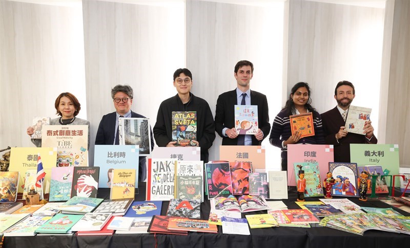 Representatives from Thailand, Belgium, the Czech Republic, France, India, and Italy gather in Taipei on Wednesday to preview the upcoming 2026 Taipei International Book Exhibition, which will feature Thailand as the Guest of Honor. CNA photo Jan.7, 2026