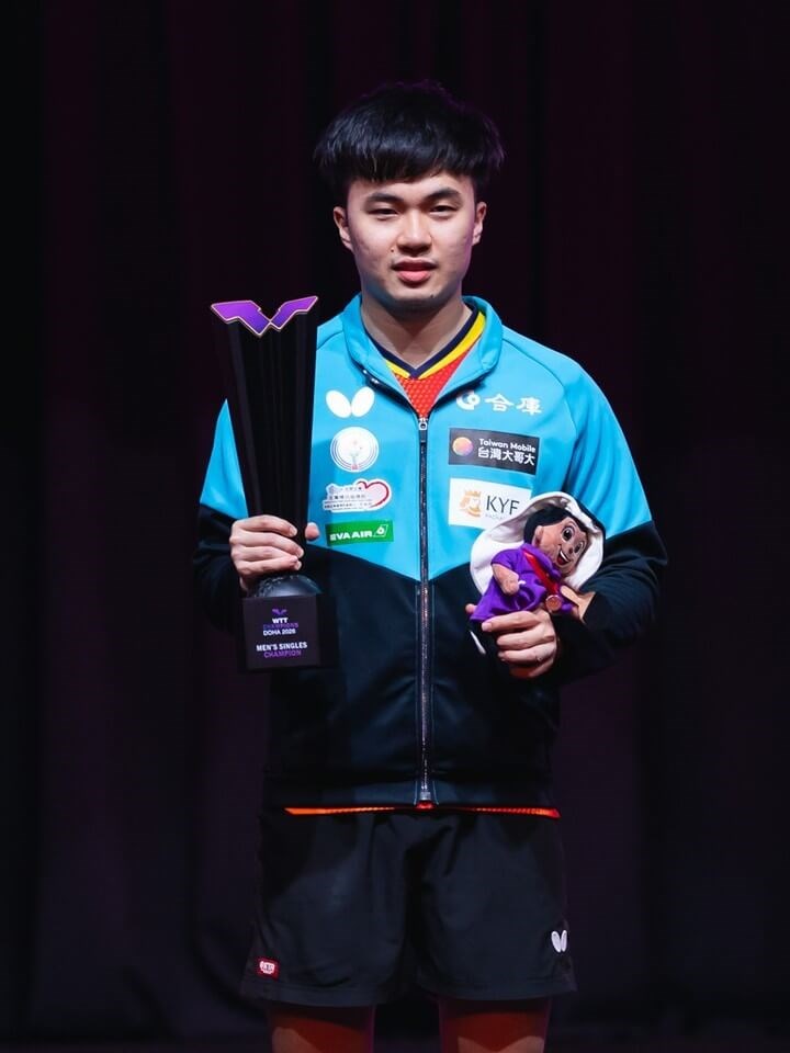 Taiwanese table tennis player Lin Yun-ju poses for photos after winning the men's singles championship title at the World Table Tennis (WTT) Champions Doha 2026 Sunday. Image from instagram.com/wtt