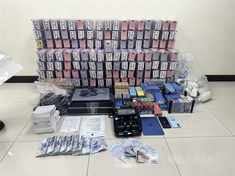 Evidence seized by Taipei police of an illegal gambling operation on Monday. CNA photo Feb. 10, 2026