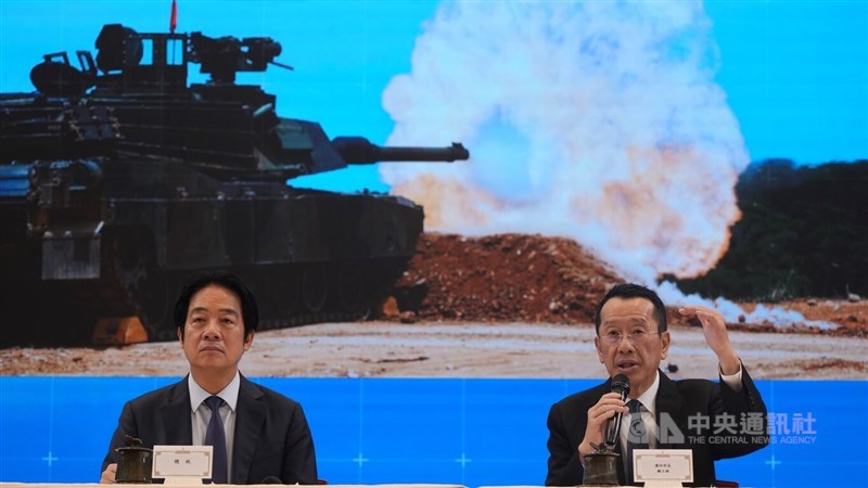 Defense Minister Wellington Koo (right) speaks at a Wednesday press conference at the Presidential Office about the proposed NT$1.25 trillion (US$39.6 billion) special defense budget, alongside President Lai Ching-te. CNA photo Feb. 11, 2026