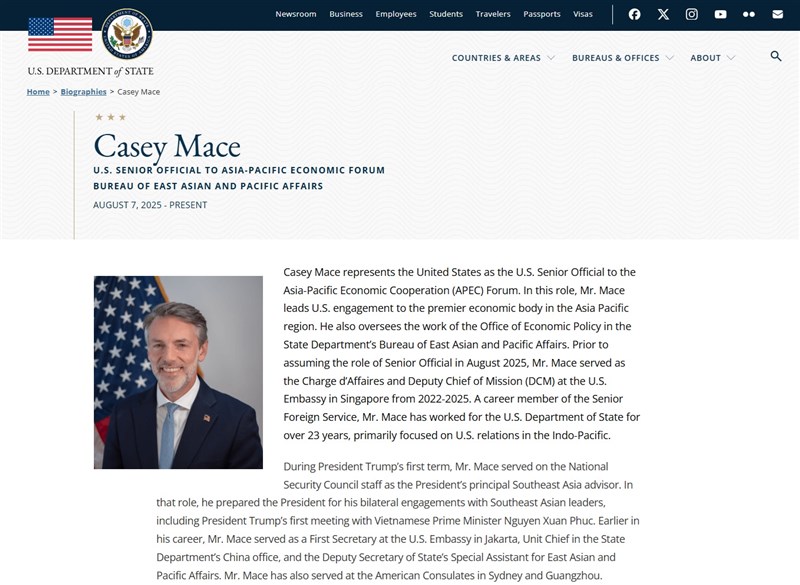 The official U.S. Department of State page about Casey Mace. Graphic taken from the U.S. Department of State website