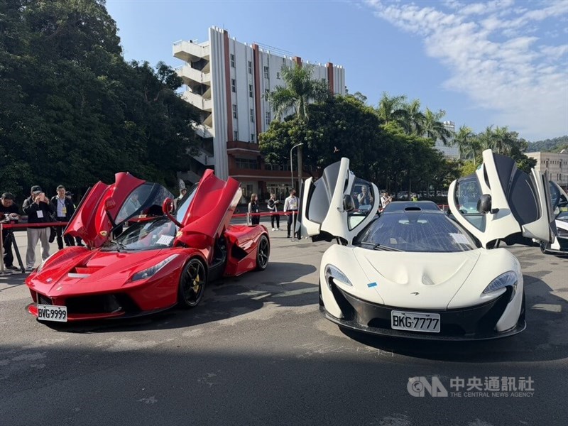 Prince Group's supercars seized by Taiwanese authorities are put on auction at Taiwan Police College in Taipei on Monday. CNA photo March 4, 2026