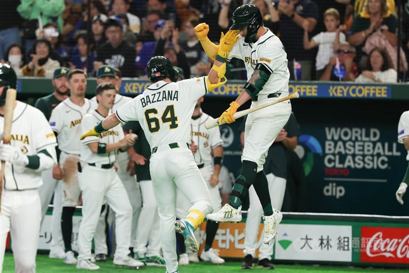 Travis Bazzana celebrates his solo homerun in the seventh inning of the Thursday match. CNA photo March 5, 2026