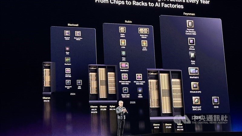 Jensen Huang presents Nvidia's roadmap at GTC 2026 in San Jose, California on Monday. CNA photo March 16, 2026