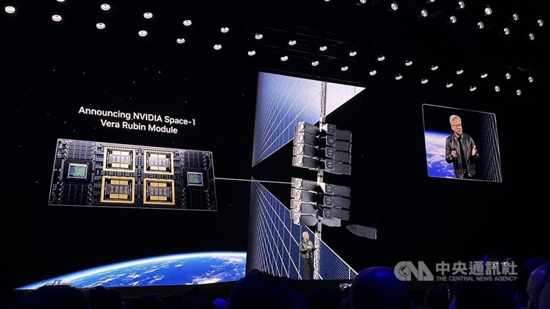 Jensen Huang announces the Space-1 Vera Rubin module at Nvidia's GTC 2026 in San Jose, California on Monday. CNA photo March 16, 2026