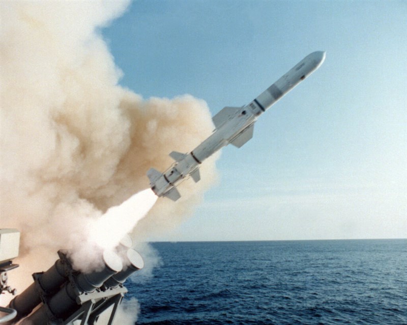A harpoon missile is launched from a military ship. Image taken from boeing.com