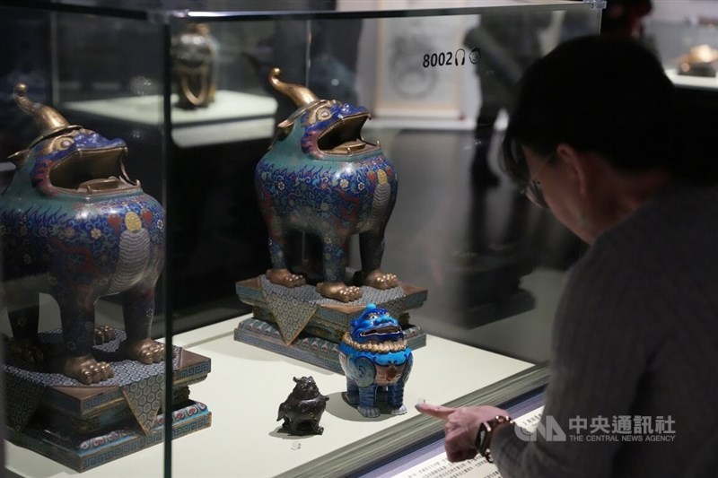 Art pieces shaped like horned mythical creatures are displayed at the National Palace Museum on Monday. CNA photo March 24, 2026