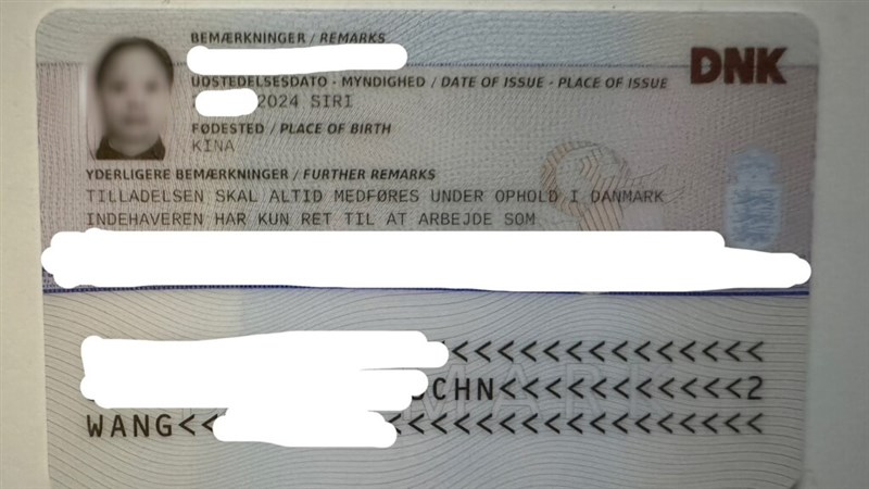 Back side of a Danish residence permit held by a Taiwanese national, where the place of birth is listed as "KINA" (China in Danish). Photo courtesy of a private contributor