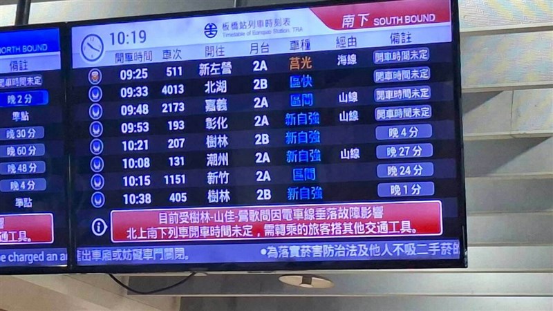 A digital timetable screen at Taiwan Railway's Banqiao station shows widespread delays and "undecided" departure times on Friday following an electric traction line failure. Photo courtesy of a reader surnamed Su