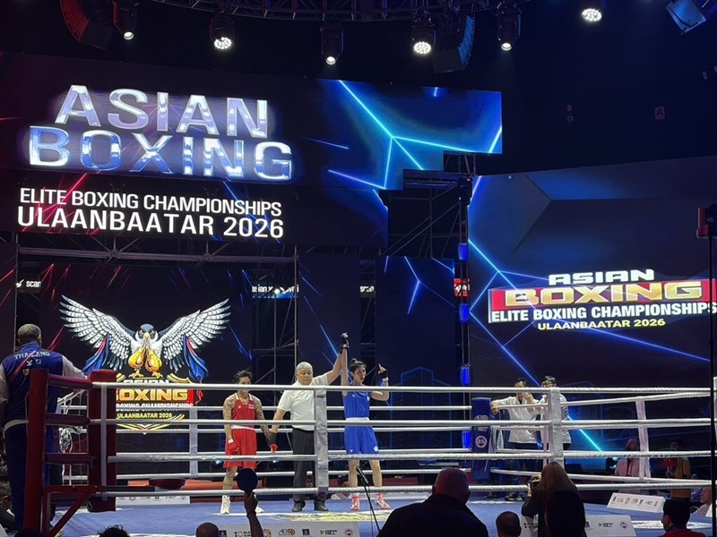 Taiwan's Lin Yu-ting (in blue) wins at the Asian Boxing Elite Boxing Championships in Ulaanbaatar, Mongolia, on Tuesday. Photo courtesy of Chinese Taipei Boxing Association