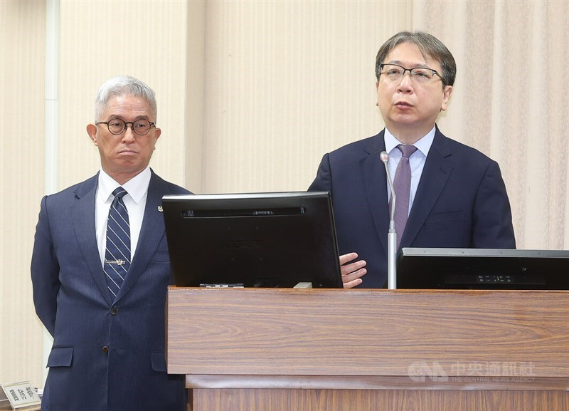 National Security Bureau Director-General Tsai Ming-yen (right) and Vice Defense Minister Hsu Szu-chien (left) attend a hearing of the Legislative Yuan’s Foreign Affairs and National Defense Committee on Monday. CNA photo April 13, 2026