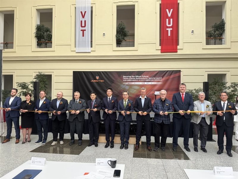 Taiwanese and Czech representatives pose for a photo on the opening ceremony of Taiwan-based semiconductor cybersecurity solution provider Jmem Technology Co.'s office in Brno, Czech Republic, on Friday. CNA photo April 18, 2026