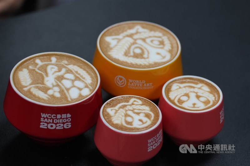 4 Latte art works of Taiwanese barista Lin Shao-hsing are displayed in a press event in Taipei on Tuesday. CNA photo April 20, 2026