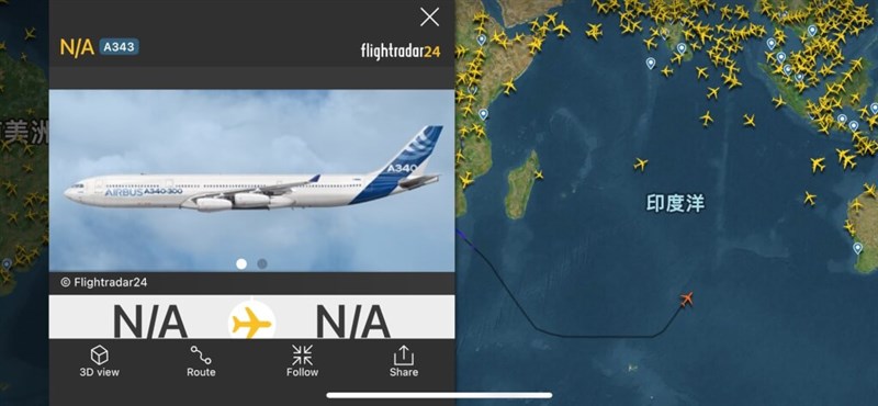 The flightpath of Lai's returning flight out of Eswatini and over the Indian Ocean. Screenshot taken from flightradar24.com