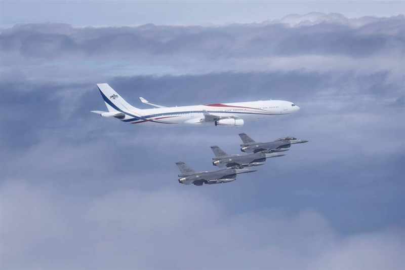 Three Taiwanese Air Force F-16 jets fly alongside the official aircraft of King Mswati III. Photo courtesy of the Military News Agency May 5, 2026
