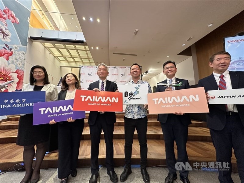 Head of Taiwan's representative office in New York Tom Lee (third left), director of Taiwan Tourism Administration's New York office Jin Juang (second left), and planning director at Okinawa's tourism promotion division Tatsunori Uezu (third right) pose for a photo at the "2026 Taiwan x Okinawa Two Destinations, One Journey" tourism promotion event in New York on Thursday. CNA photo May 8, 2026