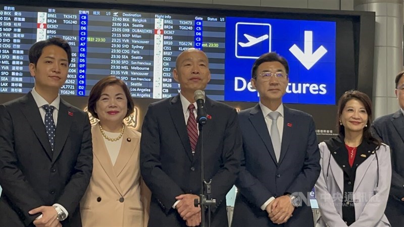 Legislative Speaker Han Kuo-yu (third left) speaks to the press in Taoyuan Airport on Saturday before leading a multi-party delegation to France and the United Kingdom. CNA photo May 9, 2026