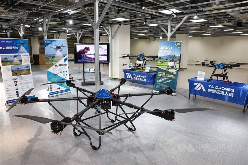 Taiwan's 7A Drones products are displayed inside the Asia UAV AI Innovation Application R&D Center in Chiayi County on Sunday. CNA file photo