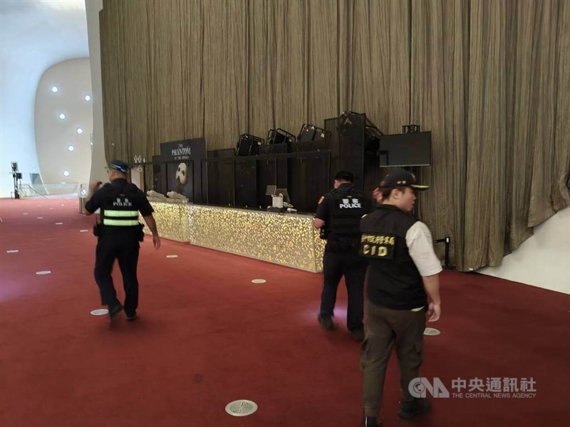 Police search the National Taichung Theater after the venue received a bomb threat on Friday. Photo courtesy of local authorities