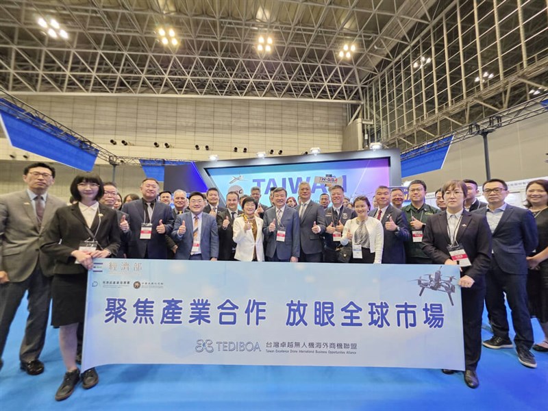 Taiwan Excellence Drone International Business Opportunities Alliance (TEDIBOA) members pose for a photo at the Japan Drone expo at Chiba City's Makuhari Messe convention center on Thursday. Photo courtesy of TEDIBOA