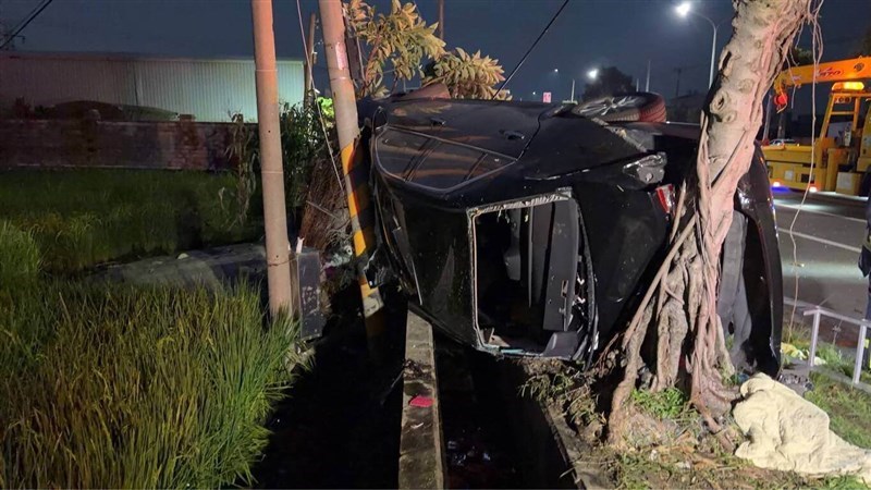 Hsu's car is driven into a tree. Photo courtesy of local authorities