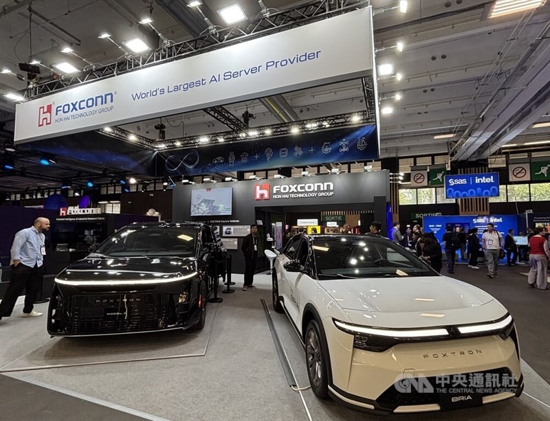Electric vehicle prototypes the Model B (BRIA) and Model D are on display at Hon Hai Precision Industry Co.'s exhibition booth at VivaTech in Paris on Wednesday. CNA photo June 18, 2026