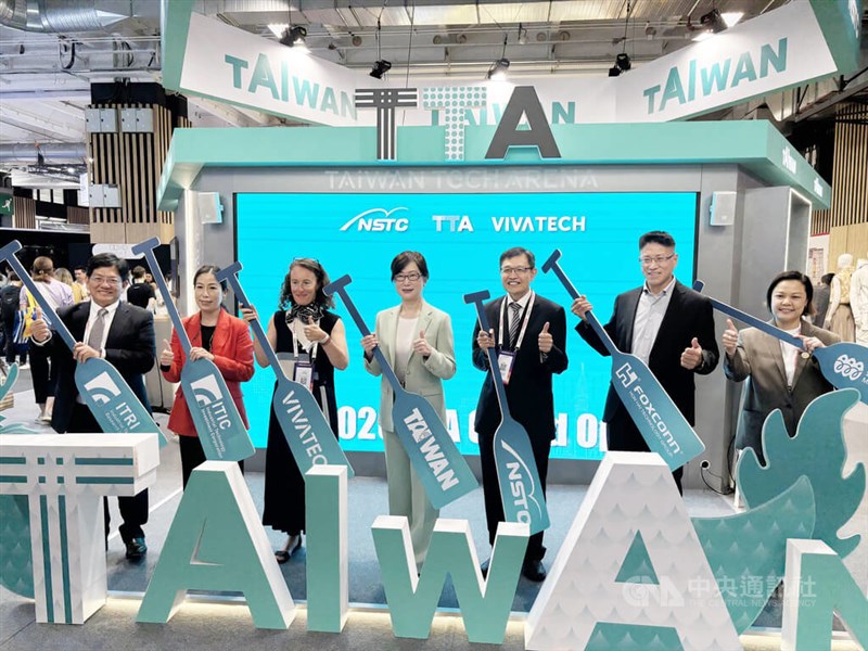 Attendees pose at the Taiwan Pavilion at VivaTech in Paris on Wednesday. CNA photo June 18, 2026