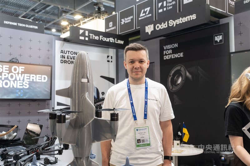 Yaroslav Azhniuk, founder and CEO of Ukrainian drone company The Fourth Law, at the Eurosatory defense exhibition in France. CNA photo June 20, 2026