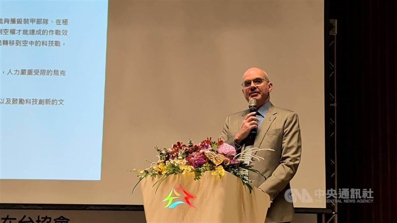 American Institute in Taiwan Director Raymond Greene speaks at a drone industry forum in Taichung on Thursday. CNA photo July 2, 2026