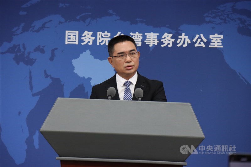 Taiwan Affairs Office spokesperson Chen Binhua speaks at a news conference in Beijing on Wednesday. CNA photo July 8, 2026
