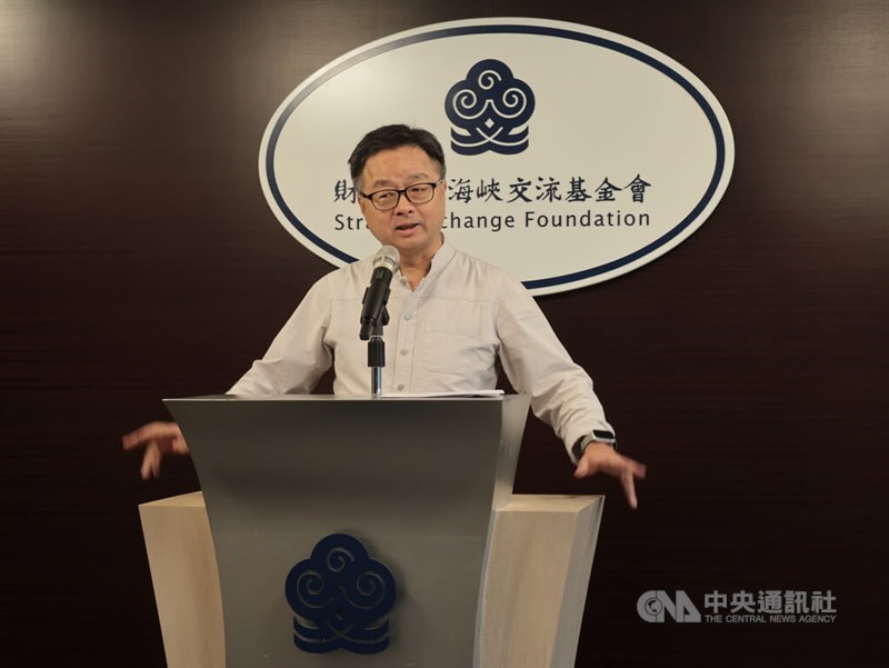 Straits Exchange Foundation Secretary-General Luo Wen-jia speaks at a media briefing in Taipei on Friday. CNA photo Aug. 7, 2026
