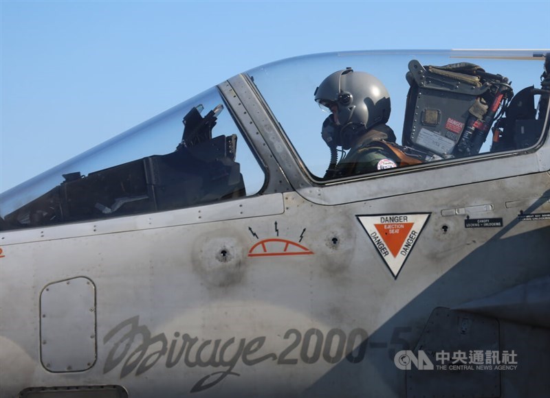 A pilot sits in the cockpit of a Mirage 2000 fighter jet at Hsinchu Air Force Base on Friday during Taiwan's Han Kuang 42 military exercises. CNA photo Aug. 7, 2026
