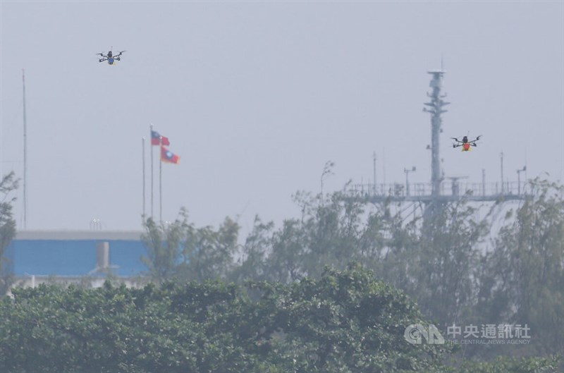 Two attack drones carry out their mission during the Han Kuang military exercises on Saturday. CNA photo Aug. 8, 2026