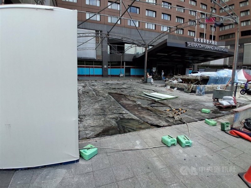 The strength of the outer bands of Typhoon Dolphin collapses a scaffolding erected outside of the Sheraton Grand Taipei Hotel on Saturday. Photo courtesy of local authorities