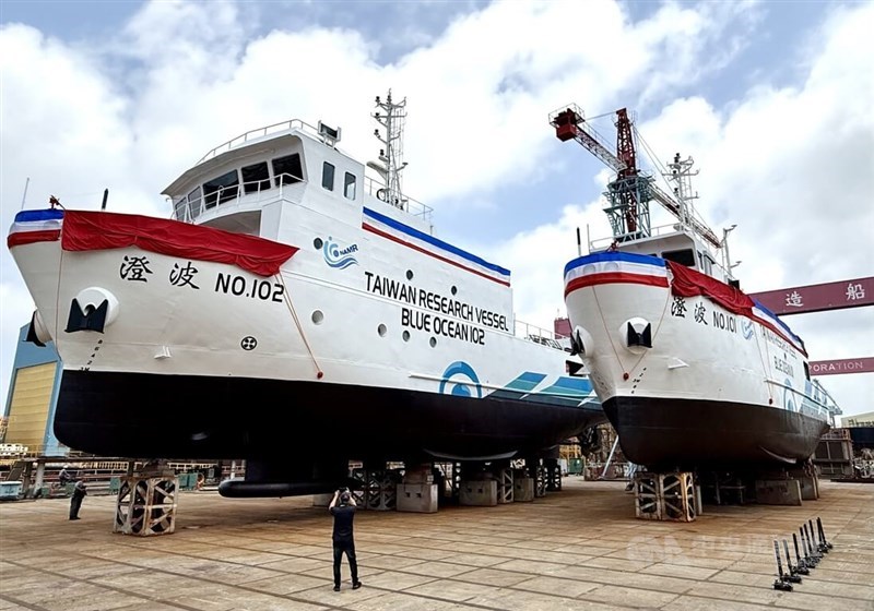 The "Blue Ocean 101" and "Blue Ocean 102" marine survey vessels sit at a shipyard in Kaohsiung during their launch and naming ceremony on Tuesday. CNA photo Aug. 11, 2026