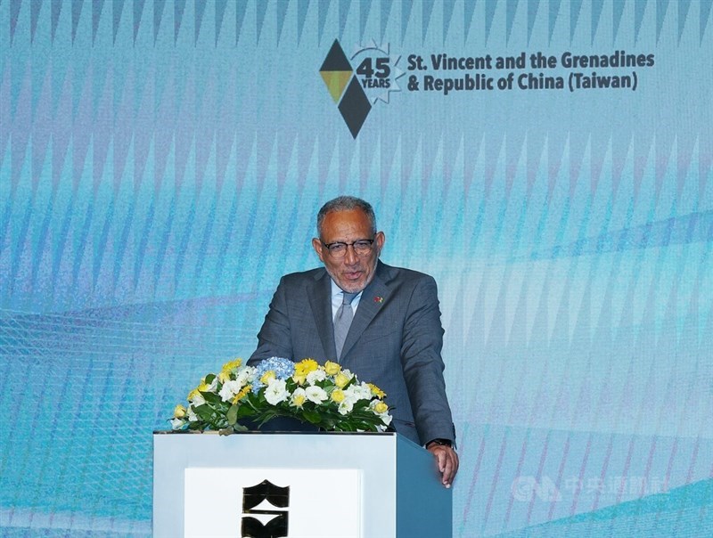 Saint Vincent and the Grenadines Prime Minister Godwin Friday addresses a reception in Taipei marking the 45th anniversary of diplomatic relations between Taiwan and Saint Vincent and the Grenadines, Wednesday. CNA photo Aug. 12, 2026