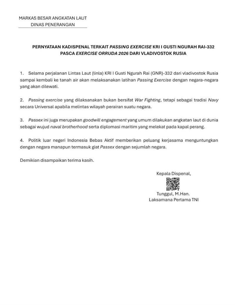 A press statement from the Indonesian Navy Information Service. Photo courtesy of Indonesian Navy