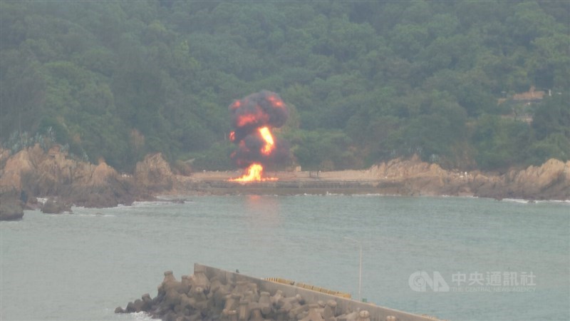 A drone hits its target on a shoreline in a precision strike during a live-fire drill by Taiwan's Matsu Defense Command as part of the Han Kuang 42 exercises, Wednesday. CNA photo Aug. 12, 2026