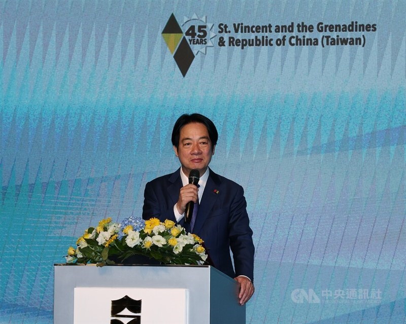 President Lai Ching-te addresses a reception in Taipei marking the 45th anniversary of diplomatic relations between Taiwan and Saint Vincent and the Grenadines, Wednesday. CNA photo Aug. 12, 2026