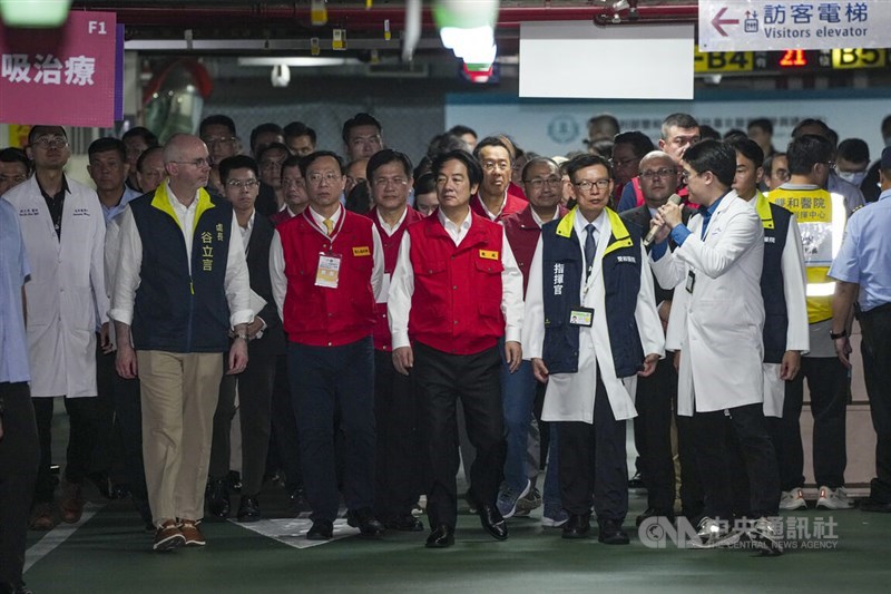 President Lai Ching-te (center) inspects Shuang Ho Hospital's underground medical facility during New Taipei City's 2026 town resilience exercises on Thursday. CNA photo Aug. 13, 2026