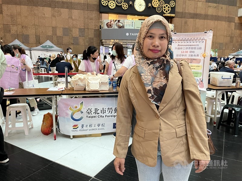 Indonesian caregiver Istiyani is pictured at a free health check event at Taipei Main Station on Sunday. CNA photo Aug. 16, 2026