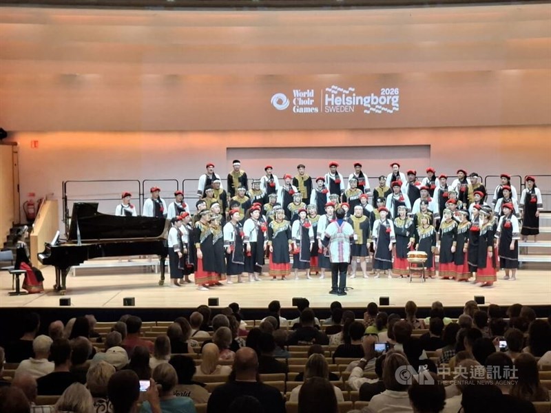 Members of the Nibun Chorus perform during the Contemporary Music competition at the 14th World Choir Games in Helsingborg, Sweden. CNA photo Aug. 17, 2026