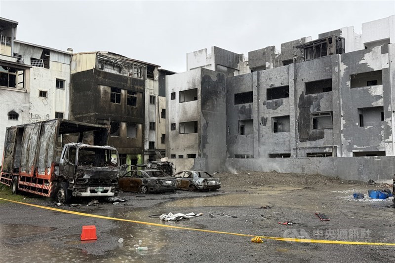 The waste storage site that sustained explosions and caught fire on Saturday is left in ruins on Sunday. CNA photo Aug. 23, 2026